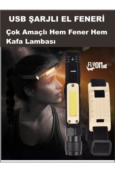 ŞARJLI ÇOK AMAÇLI HEM EL FENERİ HEM KAFA LAMBASI 360 DERECE DÖNEBİLEN BAŞLIK KAMP LAMBASI FLAŞÖR - 4