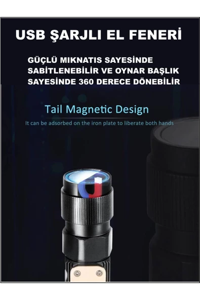 ŞARJLI ÇOK AMAÇLI HEM EL FENERİ HEM KAFA LAMBASI 360 DERECE DÖNEBİLEN BAŞLIK KAMP LAMBASI FLAŞÖR - 7