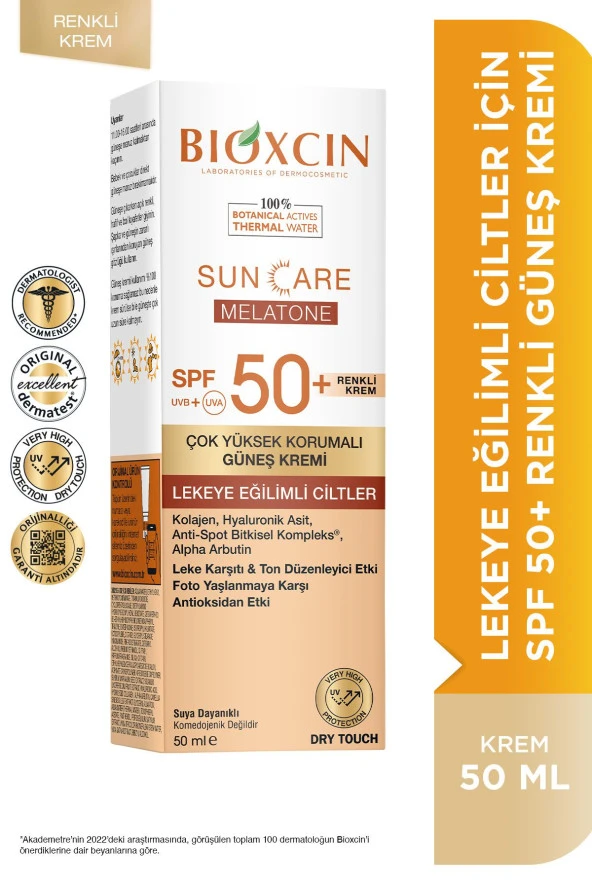 Bioxcin Sun Care Melatone Spf50 Lekeye Eğilimli Ciltler Için Renkli Güneş Kremi 50 ml - Kolajen Dry Touch