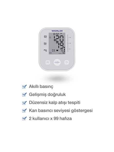 Wohler Üst Koldan Ölçer Dijital Tansiyon Aleti Nabız Ölçer USB Girişli 99 Ölçüm Hafıza Çantalı - 2