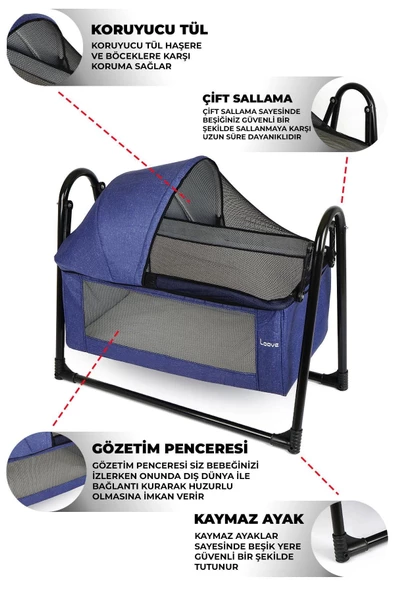 Smoll Metal Sallanır Beşik Lacivert Keten Kumaşlı - 2