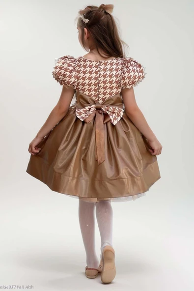 Kız Çocuk Balon Kollu Kazayağı Desenli Deri Etekli Tül Detaylı Taba Elbise - Resim 9
