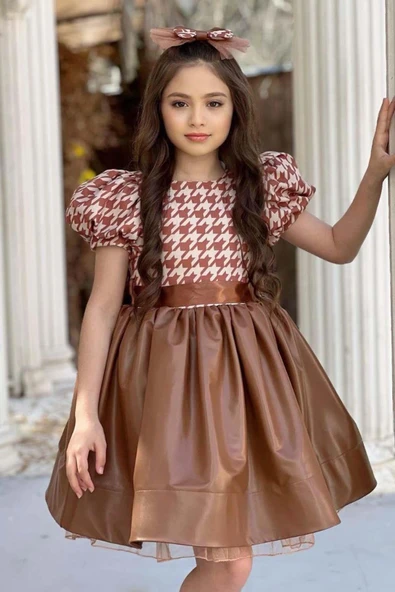 Kız Çocuk Balon Kollu Kazayağı Desenli Deri Etekli Tül Detaylı Taba Elbise - Resim 7