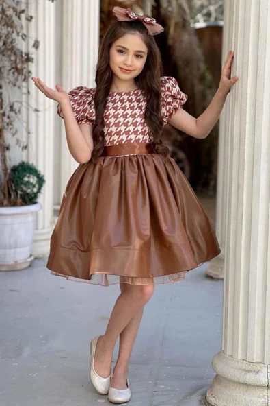 Kız Çocuk Balon Kollu Kazayağı Desenli Deri Etekli Tül Detaylı Taba Elbise - Resim 6