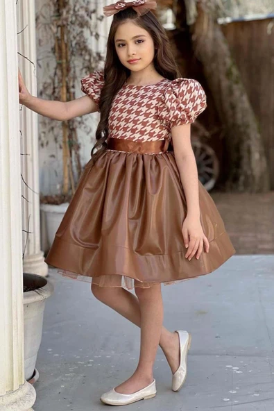 Kız Çocuk Balon Kollu Kazayağı Desenli Deri Etekli Tül Detaylı Taba Elbise - Resim 5