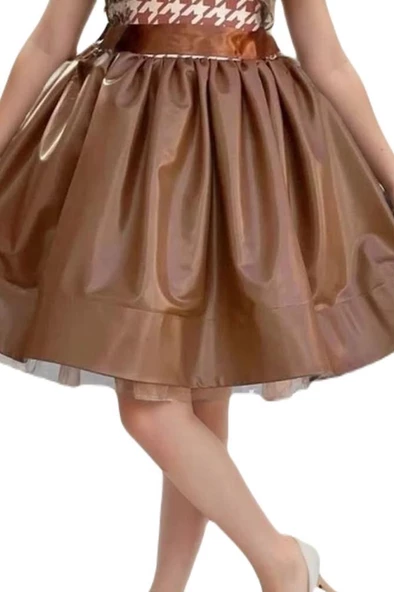 Kız Çocuk Balon Kollu Kazayağı Desenli Deri Etekli Tül Detaylı Taba Elbise - Resim 3