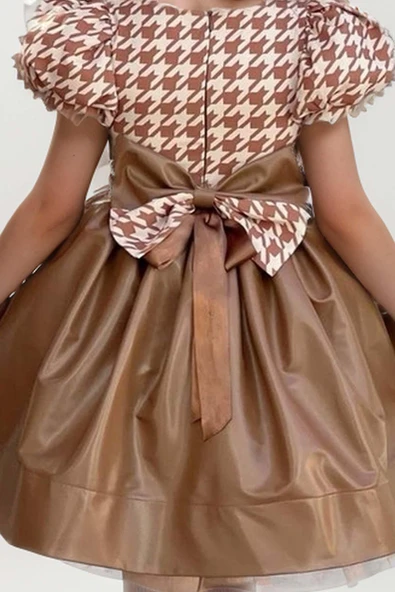 Kız Çocuk Balon Kollu Kazayağı Desenli Deri Etekli Tül Detaylı Taba Elbise - Resim 11