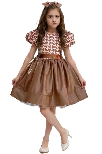 Kız Çocuk Balon Kollu Kazayağı Desenli Deri Etekli Tül Detaylı Taba Elbise ürün görseli