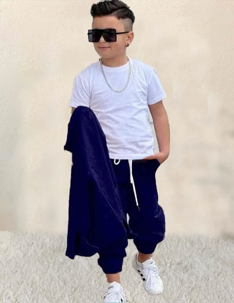 Erkek Çocuk Cıtcıt Düğme Detaylı Gömlek Yaka Ceket Penye Tişört Picote Mavi Eşofman Takım - 5