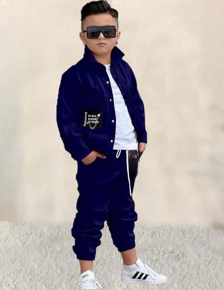 Erkek Çocuk Cıtcıt Düğme Detaylı Gömlek Yaka Ceket Penye Tişört Picote Mavi Eşofman Takım - 4