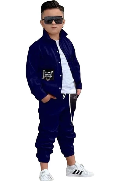 Erkek Çocuk Cıtcıt Düğme Detaylı Gömlek Yaka Ceket Penye Tişört Picote Mavi Eşofman Takım