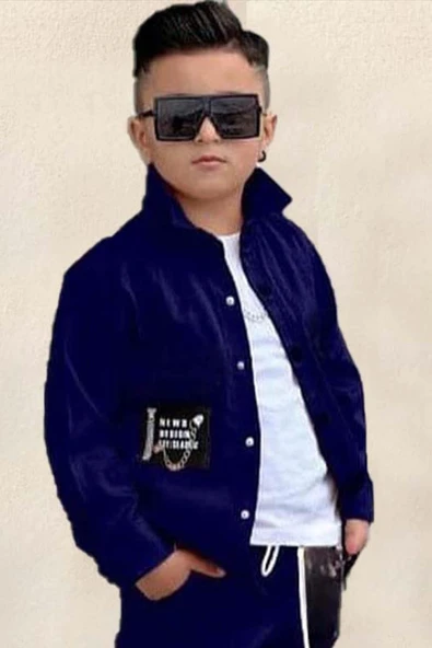 Erkek Çocuk Cıtcıt Düğme Detaylı Gömlek Yaka Ceket Penye Tişört Picote Mavi Eşofman Takım - 6