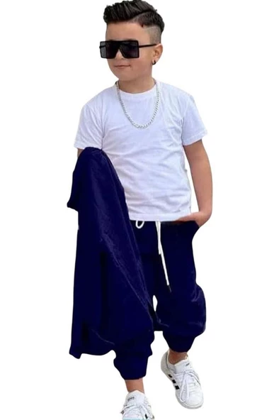 Erkek Çocuk Cıtcıt Düğme Detaylı Gömlek Yaka Ceket Penye Tişört Picote Mavi Eşofman Takım - 2