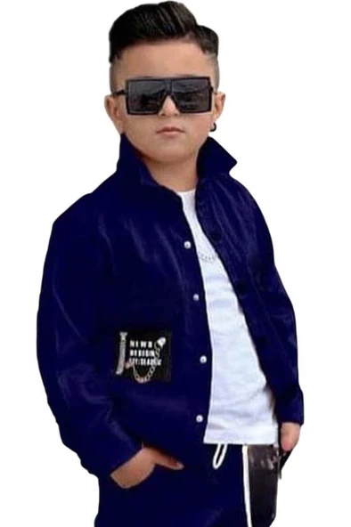 Erkek Çocuk Cıtcıt Düğme Detaylı Gömlek Yaka Ceket Penye Tişört Picote Mavi Eşofman Takım - 3