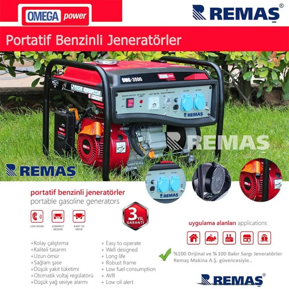Omega OMG 3500 İpli Monofaze 3.5 kVA Benzinli Jeneratör - 3