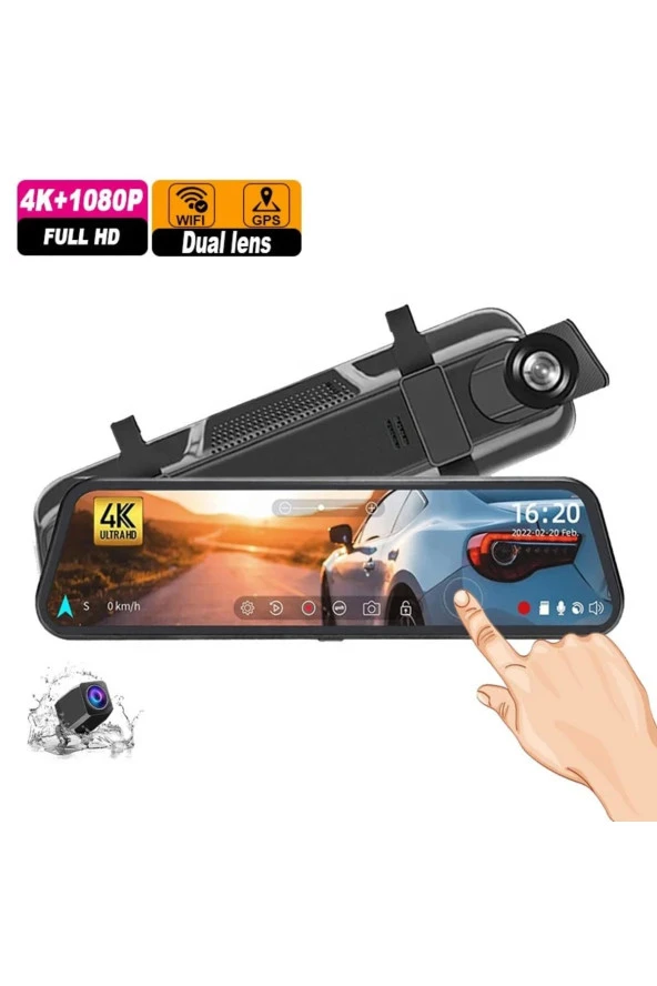 Premium Mb-5200 Wifi ULTRA HD 4K 10 İnç Ayna Kamera (WİFİ+GPS+Türkçe Menü) Çift Kameralı Araç Kamera