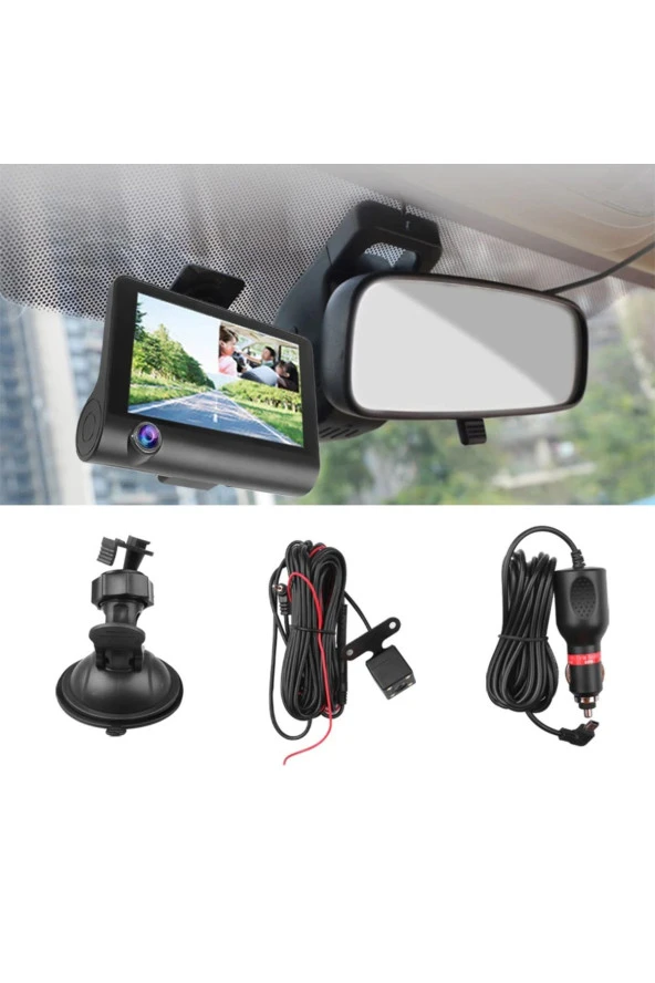 3 Kameralı 4 Inç 1080p Yol Kayıt Kamerası. Üç Kameralı Araç Kamera.(Türkçemenü+gerigörüş+g-sensör). - 3