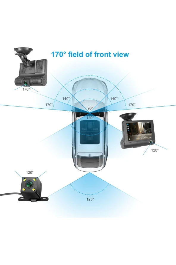 3 Kameralı 4 Inç 1080p Yol Kayıt Kamerası. Üç Kameralı Araç Kamera.(Türkçemenü+gerigörüş+g-sensör). - 5