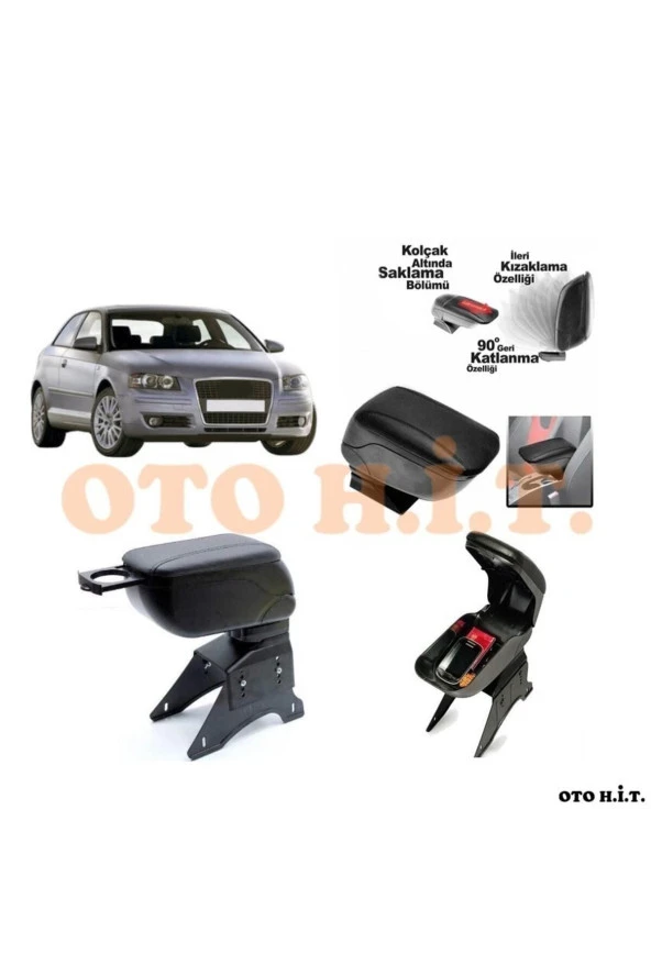 OTO H.İ.T.  Audi A3 04-08 Uyumlu Kol Dayama Ve Kolçak Sürgülü Bardaklıklı Ayarlanabilir Siyah Deri ürün görseli