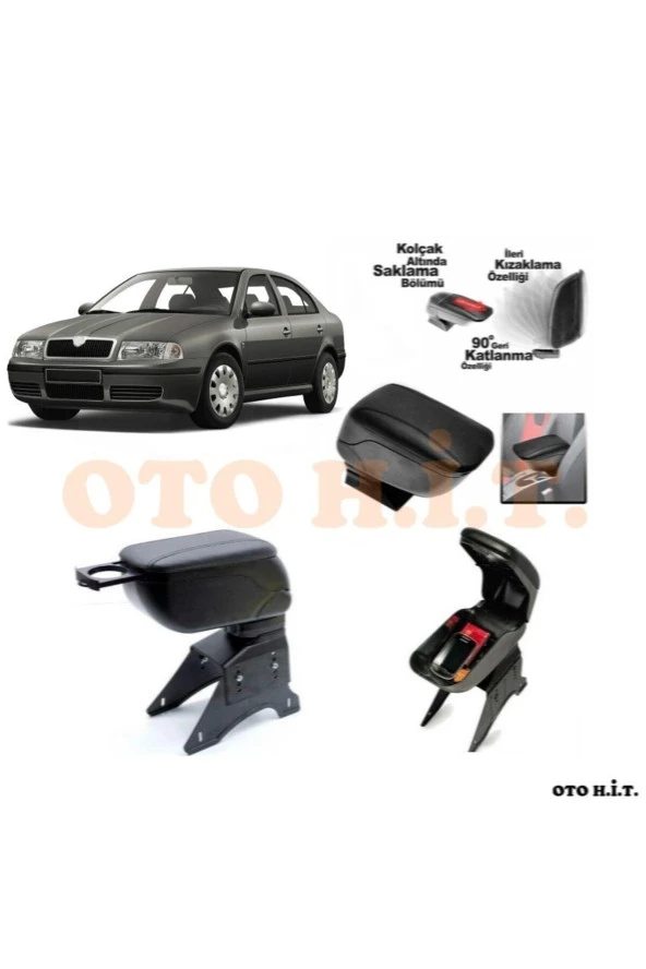 OTO H.İ.T.  Skoda Octavia 99-05 Uyumlu Kol Dayama Ve Kolçak Sürgülü Bardaklıklı Ayarlanabilir Siyah Deri ürün görseli
