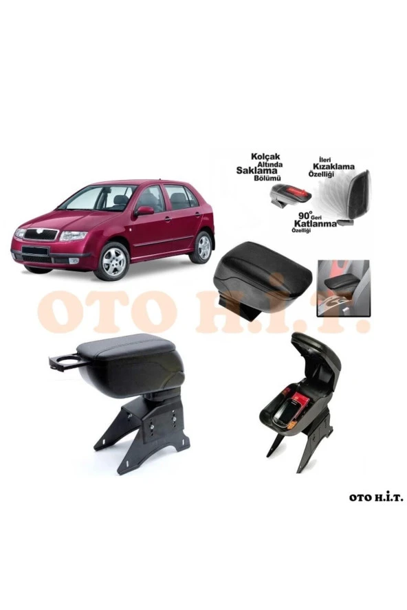 OTO H.İ.T.  Skoda Fabia 01-08 Uyumlu Kol Dayama Ve Kolçak Sürgülü Bardaklıklı Ayarlanabilir Siyah Deri