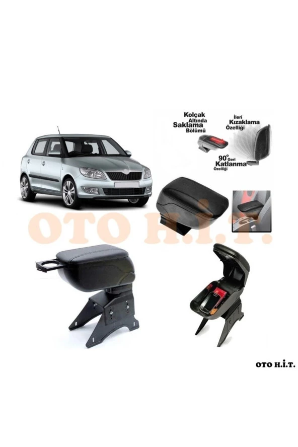 OTO H.İ.T.  Skoda Fabia 08-14 Uyumlu Kol Dayama Ve Kolçak Sürgülü Bardaklıklı Ayarlanabilir Siyah Deri ürün görseli