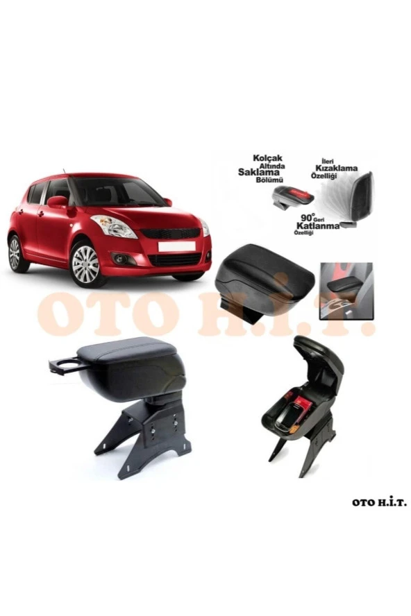 OTO H.İ.T.  Suzuki Swift 06-12 Uyumlu Kol Dayama Ve Kolçak Sürgülü Bardaklıklı Ayarlanabilir Siyah Deri ürün görseli