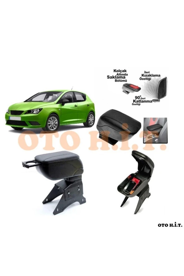 OTO H.İ.T.  Seat Ibiza Uyumlu Kol Dayama Ve Kolçak Sürgülü Bardaklıklı Ayarlanabilir Siyah Deri ürün görseli
