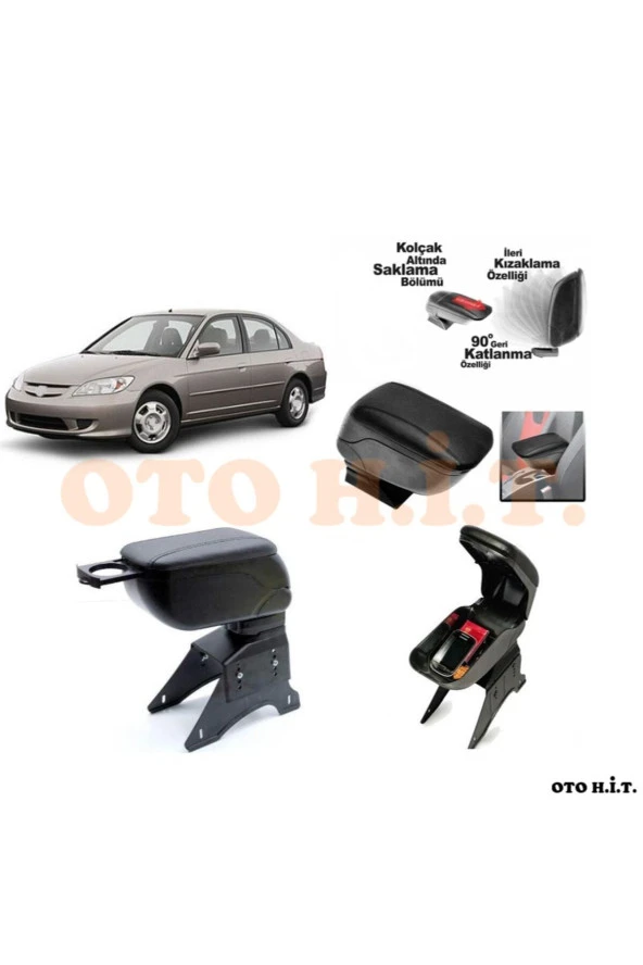 OTO H.İ.T.  Honda Civic Vtec 2 Uyumlu Kol Dayama Ve Kolçak Sürgülü Bardaklıklı Ayarlanabilir Siyah Deri ürün görseli