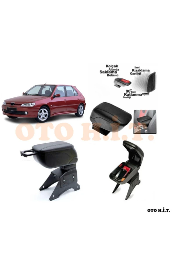 OTO H.İ.T.  Peugeot 306 Uyumlu Kol Dayama Ve Kolçak Sürgülü Bardaklıklı Ayarlanabilir Siyah Deri ürün görseli