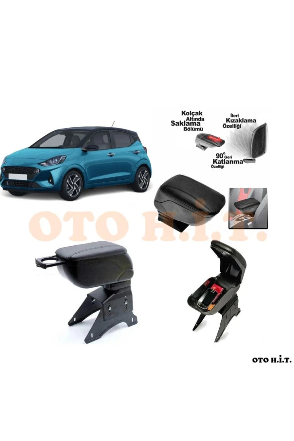 OTO H.İ.T.  Hyundai I10 20 Üzeri Uyumlu Kol Dayama Ve Kolçak Sürgülü Bardaklıklı Ayarlanabilir Siyah Deri ürün görseli
