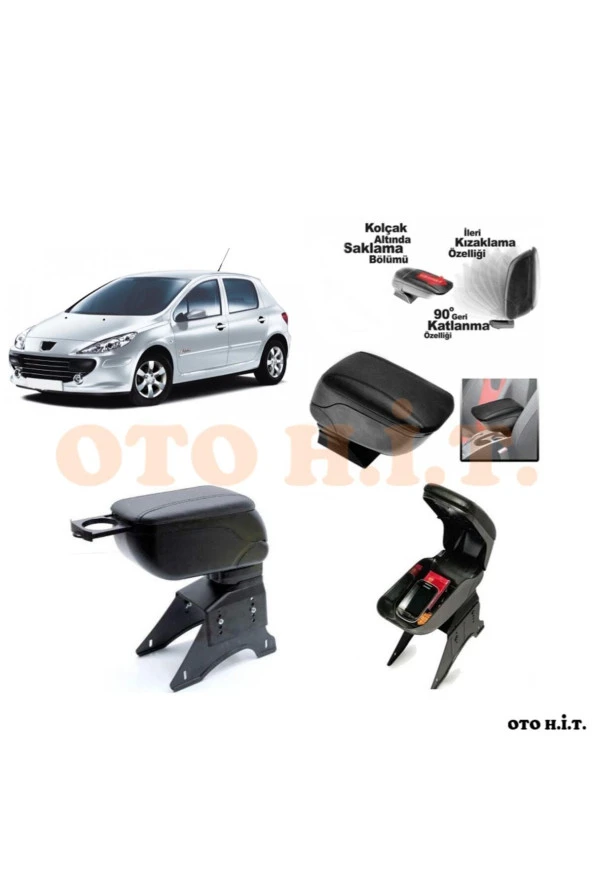 OTO H.İ.T.  Peugeot 307 Uyumlu Kol Dayama Ve Kolçak Sürgülü Bardaklıklı Ayarlanabilir Siyah Deri ürün görseli