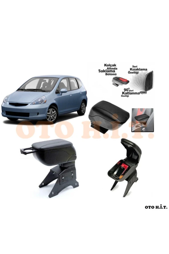 OTO H.İ.T.  Honda Jazz 02-09 Uyumlu Kol Dayama Ve Kolçak Sürgülü Bardaklıklı Ayarlanabilir Siyah Deri ürün görseli