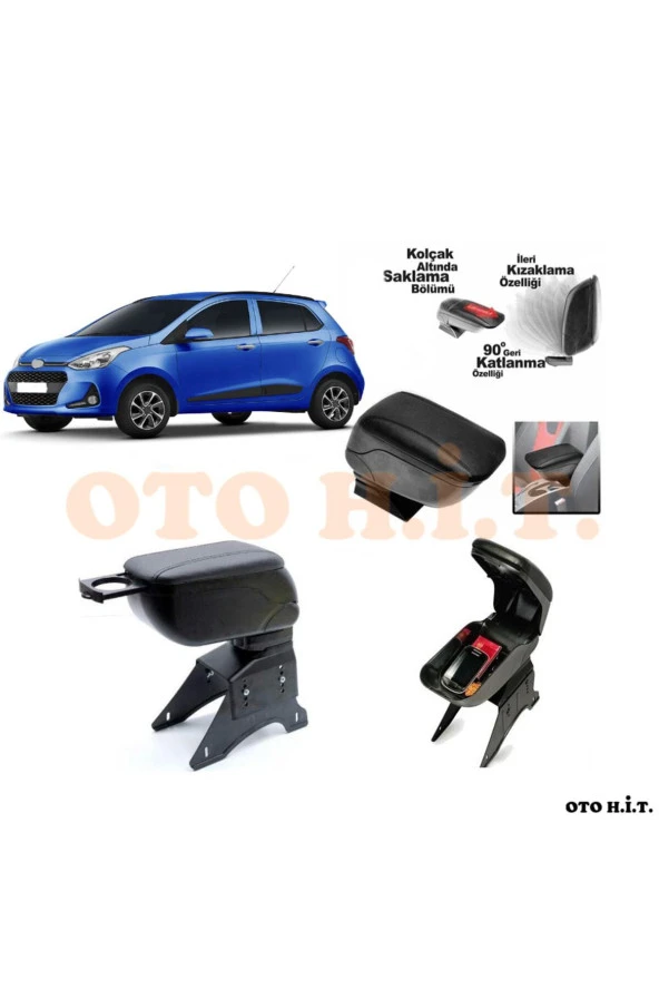 OTO H.İ.T.  Hyundai I10 08-12 Uyumlu Kol Dayama Ve Kolçak Sürgülü Bardaklıklı Ayarlanabilir Siyah Deri ürün görseli