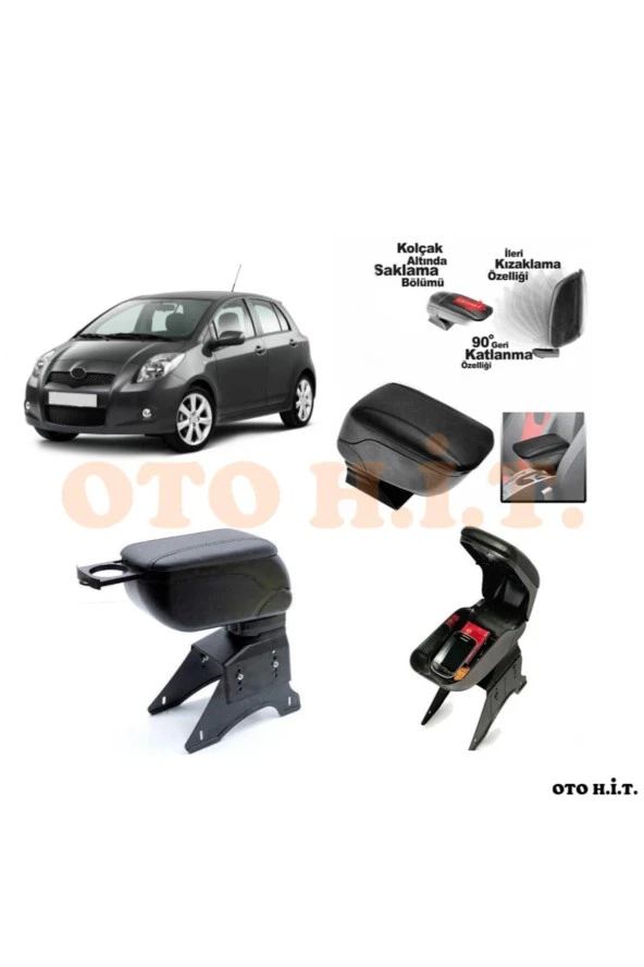 OTO H.İ.T.  Toyota Yaris 06-12 Uyumlu Kol Dayama Ve Kolçak Sürgülü Bardaklıklı Ayarlanabilir Siyah Deri ürün görseli