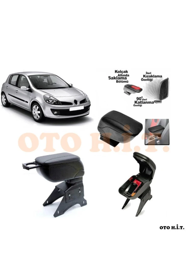 OTO H.İ.T.  Renault Clio 3 Uyumlu Kol Dayama Ve Kolçak Sürgülü Bardaklıklı Ayarlanabilir Siyah Deri