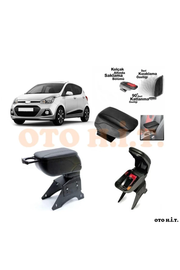 OTO H.İ.T.  Hyundai I10 13-17 Uyumlu Kol Dayama Ve Kolçak Sürgülü Bardaklıklı Ayarlanabilir Siyah Deri ürün görseli
