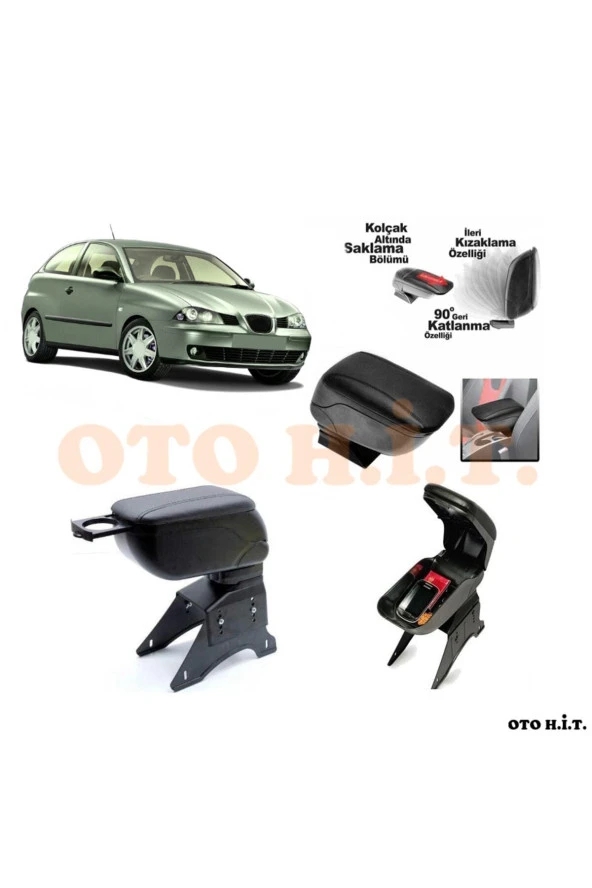 OTO H.İ.T.  Seat Ibiza 02-08 Uyumlu Kol Dayama Ve Kolçak Sürgülü Bardaklıklı Ayarlanabilir Siyah Deri ürün görseli