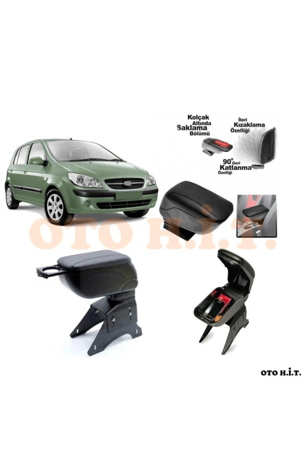 OTO H.İ.T.  Hyundai Getz Uyumlu Kol Dayama Ve Kolçak Sürgülü Bardaklıklı Ayarlanabilir Siyah Deri