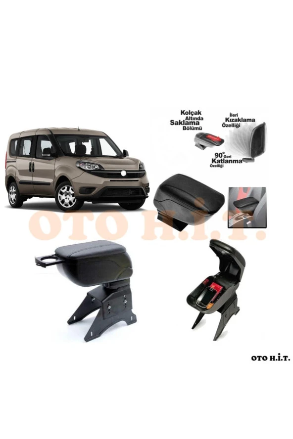 OTO H.İ.T.  Fiat Doblo D4 Uyumlu Kol Dayama Ve Kolçak Sürgülü Bardaklıklı Ayarlanabilir Siyah Deri ürün görseli