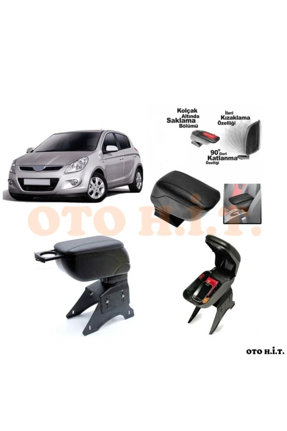 OTO H.İ.T.  Hyundai I20 08-12 Uyumlu Kol Dayama Ve Kolçak Sürgülü Bardaklıklı Ayarlanabilir Siyah Deri ürün görseli