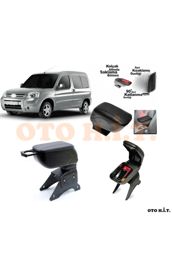 OTO H.İ.T.  Citroen Berlingo 02-08 Uyumlu Kol Dayama Ve Kolçak Sürgülü Bardaklıklı Ayarlanabilir Siyah Deri