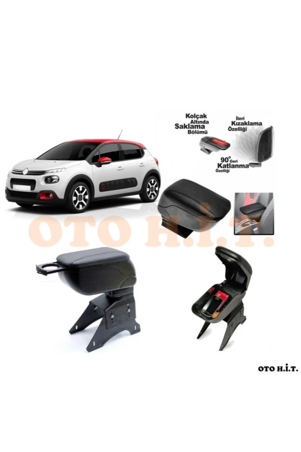 OTO H.İ.T.  Citroen C3 16 Üzeri Uyumlu Kol Dayama Ve Kolçak Sürgülü Bardaklıklı Ayarlanabilir Siyah Deri ürün görseli