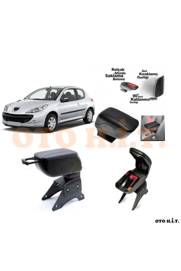 OTO H.İ.T.  Peugeot 206 Plus Uyumlu Kol Dayama Ve Kolçak Sürgülü Bardaklıklı Ayarlanabilir Siyah Deri ürün görseli