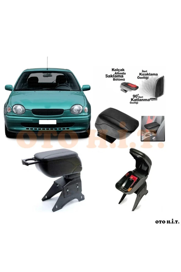 OTO H.İ.T.  Toyota Corolla 98-2000 Uyumlu Kol Dayama Ve Kolçak Sürgülü Bardaklıklı Ayarlanabilir Siyah Deri ürün görseli