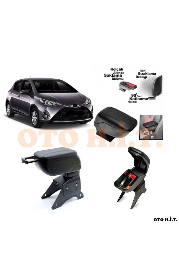 OTO H.İ.T.  Toyota Yaris 17-20 Uyumlu Kol Dayama Ve Kolçak Sürgülü Bardaklıklı Ayarlanabilir Siyah Deri