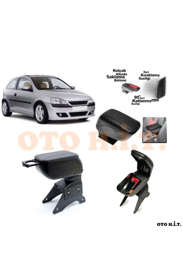 OTO H.İ.T.  Opel Corsa C Uyumlu Kol Dayama Ve Kolçak Sürgülü Bardaklıklı Ayarlanabilir Siyah Deri