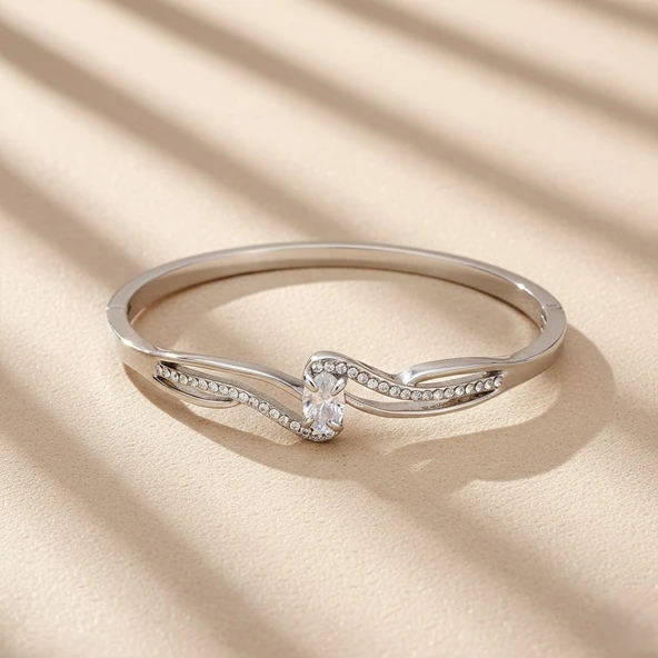 Çelik Kelepçe Bileklik Zirkon Taşlı Model BLZ-286 - Resim 7