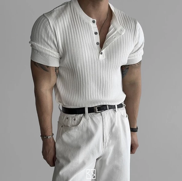 Erkek Hakim Yaka Düğmeli Triko T-Shirt