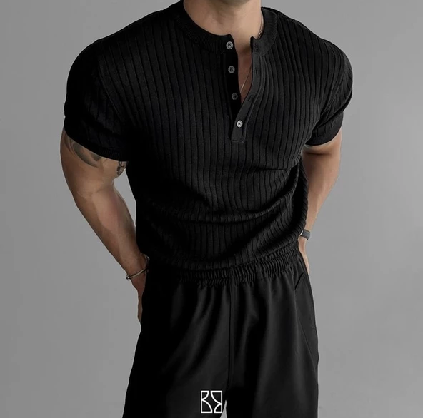 Erkek Hakim Yaka Düğmeli Triko T-Shirt - 4